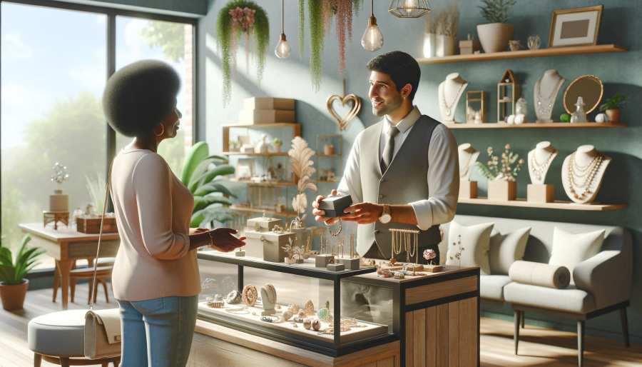 Image photoréaliste illustrant une expérience client exceptionnelle pour vendre ses créations fait-main. La scène se déroule dans une boutique moderne et lumineuse, remplie d'articles artisanaux tels que des bijoux, des objets d'artisanat et de la décoration d'intérieur. Une cliente, une femme noire d'âge moyen, interagit avec le propriétaire du magasin, un jeune homme hispanique, qui lui présente un produit avec une attitude amicale et attentive. La boutique présente une atmosphère accueillante et chaleureuse, avec des étagères élégantes, des sièges confortables et des plantes d'intérieur vivantes. L'accent est mis sur l'interaction personnelle et le service sur mesure fourni par le propriétaire du magasin, soulignant la valeur d'un service client exceptionnel dans les entreprises artisanales.