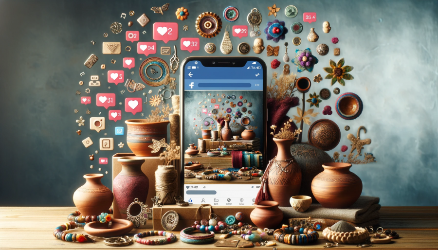Image conceptuelle illustrant l'utilisation des réseaux sociaux pour vendre ses créations fait-main. Elle montre une variété d'articles artisanaux tels que des bijoux, de la poterie et des textiles, disposés artistiquement et photographiés par un smartphone. L'écran du smartphone affiche une interface de médias sociaux avec des 'likes' et des commentaires, indiquant un engagement actif des utilisateurs. En arrière-plan, on aperçoit des icônes subtiles de différentes plateformes de réseaux sociaux comme Instagram, Facebook et Pinterest. La scène souligne l'importance des réseaux sociaux dans le marketing et l'interaction avec les clients pour les entreprises de créations faites à la main, dans une atmosphère créative et dynamique.